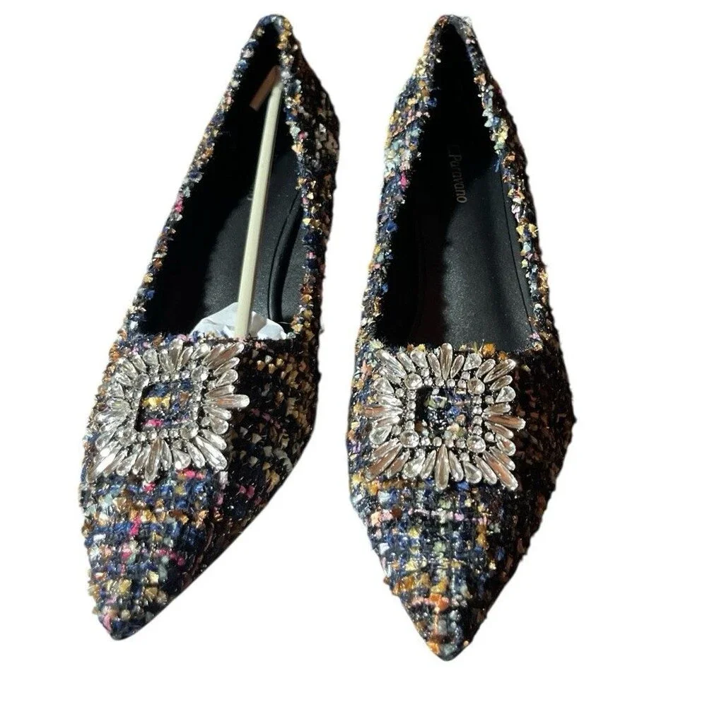 C. Paravano Olivia Pumps Multicolor Tweed Rhinestones 3” Heel Size 11